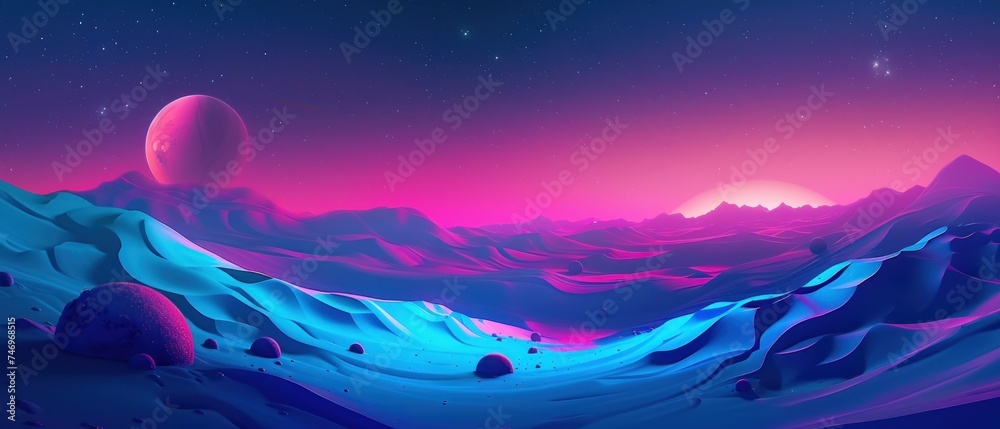 Fantasy landscape with planets and stars. Space futuristic with space. The universe, galaxies, copy space background.