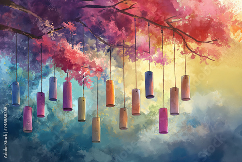 Starry Urban Gathering: Wind Chimes, Watercolor Art photo