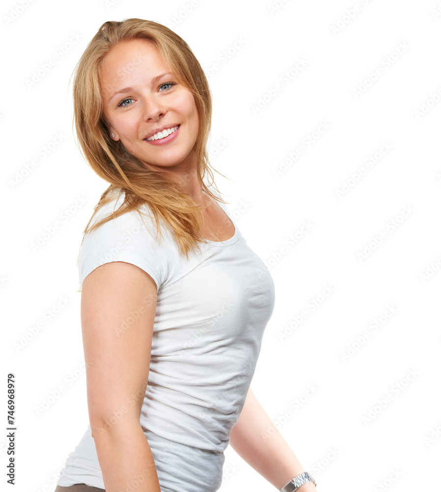 Portrait, happy and woman model for fashion, smile and body on isolated white background. Confident attitude, mock up and contemporary from Canada with style, aesthetic or trendy clothes in studio Portrait, happy and woman model for fashion, smile and body on isolated white background. Confident attitude, mock up and contemporary from Canada with style, aesthetic or trendy clothes in studio