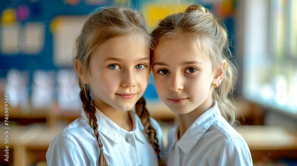 Portrait of two happy schoolgirls looking at camera on blurred school background Portrait of two happy schoolgirls looking at camera on blurred school background