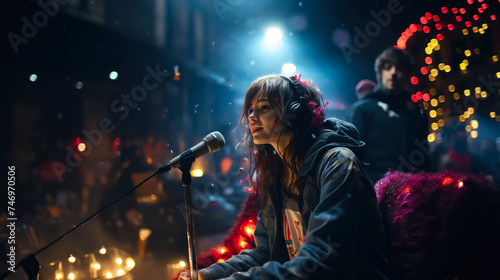 nice young woman wearing headphones and singing a song with a microphone and some people listen to her