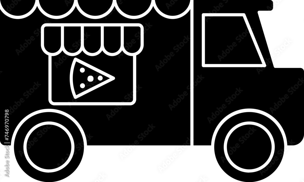 B&W pizza delivery truck icon. B&W pizza delivery truck icon.
