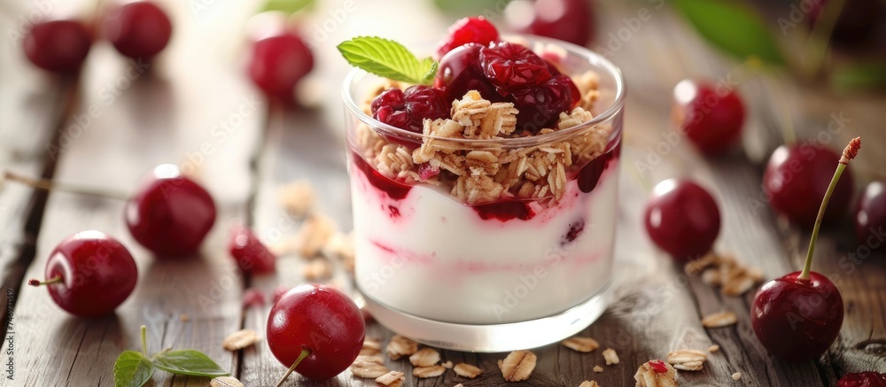 A glass filled with creamy yogurt topped with tart cherries and crunchy granola. The combination creates a satisfying and nourishing breakfast or snack option. A glass filled with creamy yogurt topped with tart cherries and crunchy granola. The combination creates a satisfying and nourishing breakfast or snack option.