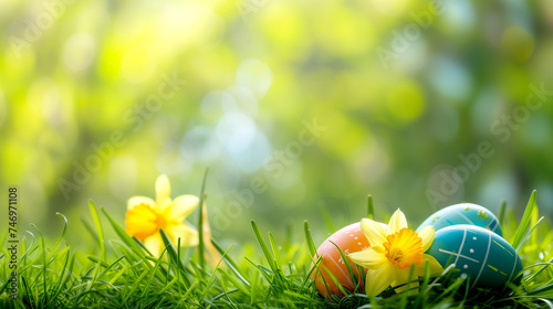 Easter eggs with daisies on green grass on a sunny day