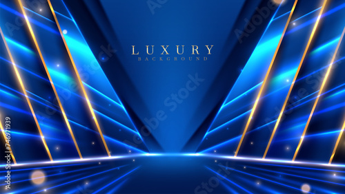 Blue luxury background with golden line decoration and curve light effect with bokeh elements. Modern art elegant dark scene.