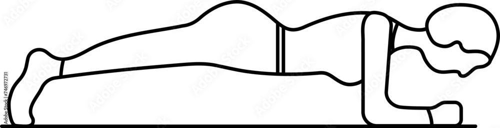 Black Outline Young Girl in Dolphin Plank Yoga Pose Icon.