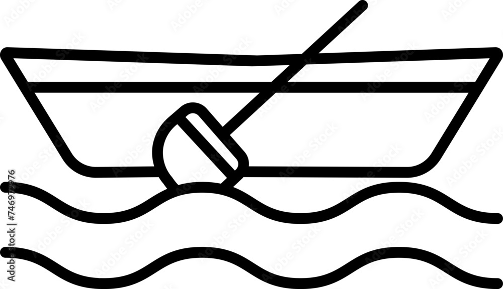 Canoe Boat with Paddle on Water Wave Icon in Line Art. Canoe Boat with Paddle on Water Wave Icon in Line Art.