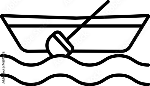 Canoe Boat with Paddle on Water Wave Icon in Line Art.