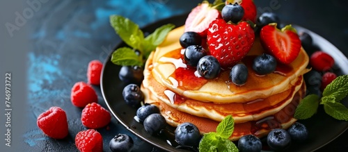 Delicious Pancakes with Fresh Berries and Mint Leaves on a White Plate