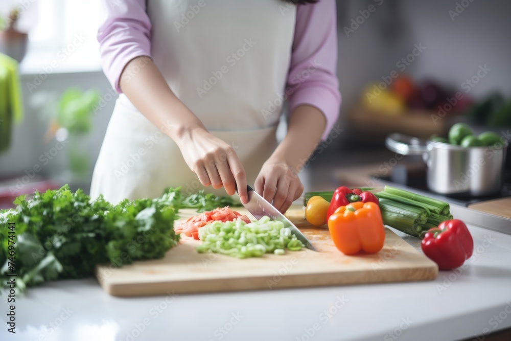 A woman cutting up vegetables on a cutting board in a kitchen