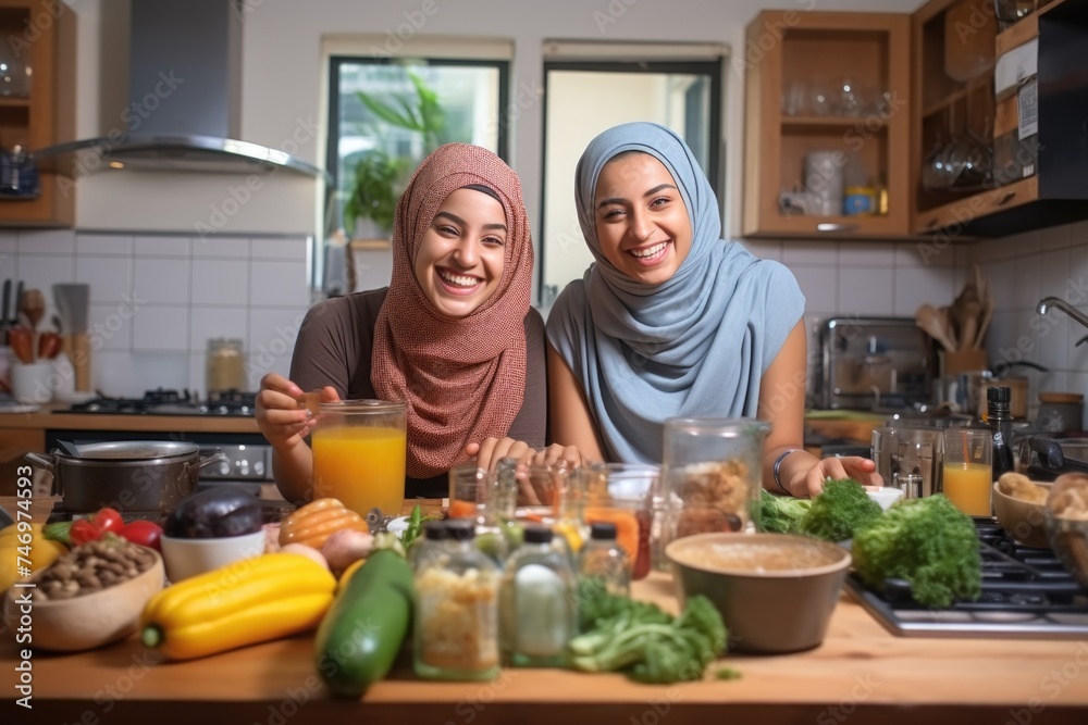 Two women standing around a wooden counter in a kitchen, smiling and enjoying their time preparing a meal with fresh vegetables and various ingredients. Two women standing around a wooden counter in a kitchen, smiling and enjoying their time preparing a meal with fresh vegetables and various ingredients.