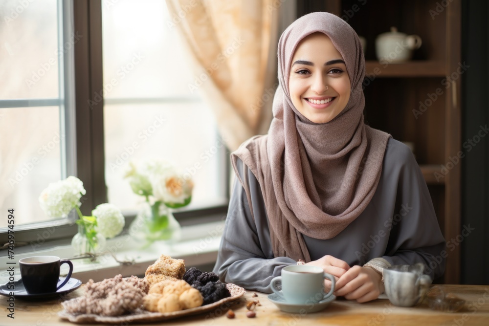 Arabic Speaking Woman Enjoying a Cup of Coffee and Smiling Arabic Speaking Woman Enjoying a Cup of Coffee and Smiling