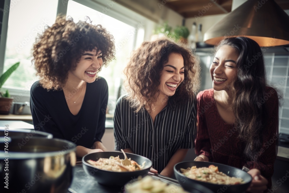Three women sharing a meal and enjoying laughter together