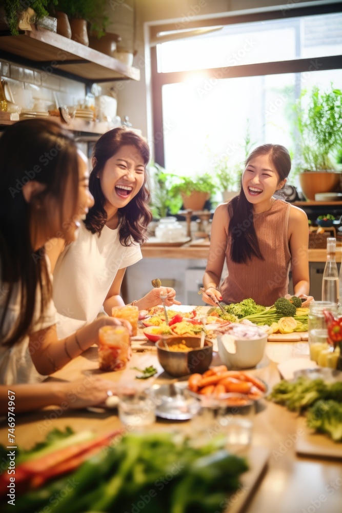 A joyful gathering of women laughing and enjoying a meal together in the kitchen.. Fictional Character Created By Generated By Generated AI.