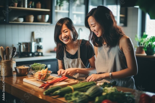 Two women laugh and prepare a meal together in the kitchen. Fictional Character Created By Generated By Generated AI. © shelbys