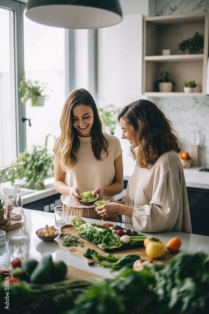 Two women preparing a fresh garden salad in a modern kitchen