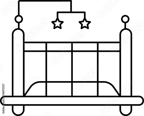 Baby Crib Icon In Black Line Art.