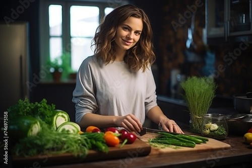 A woman is preparing fresh vegetables in a kitchen. Fictional Character Created By Generated By Generated AI.