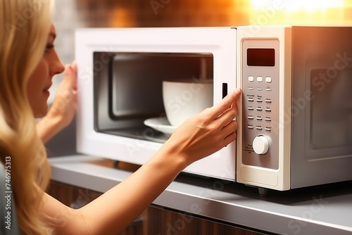 A woman interacting with a microwave oven