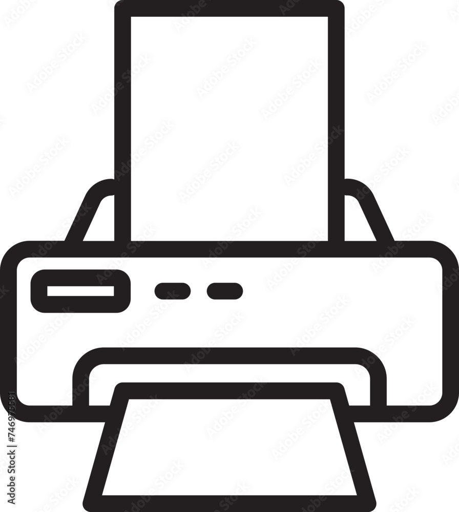 Printer with paper icon in black line art. Printer with paper icon in black line art.