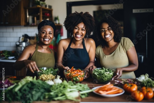 Three Women Smiling and Preparing Healthy Foods
