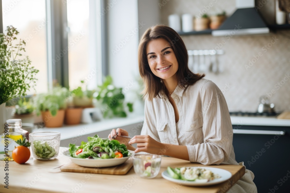 A woman is smiling and posing with a fresh salad at a wooden table. Fictional Character Created By Generated By Generated AI.