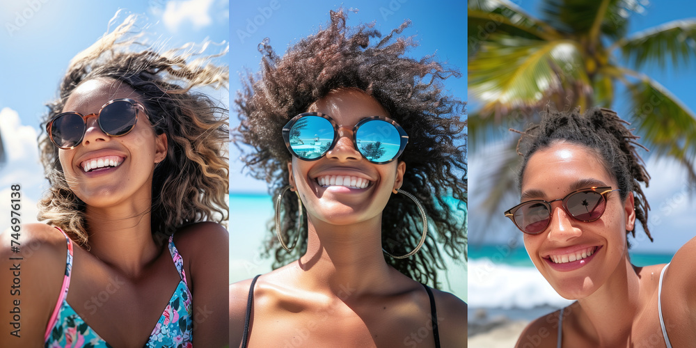 Three happy women sporting stylish sunglasses share a laugh under the tropical sun with palm trees in the background Three happy women sporting stylish sunglasses share a laugh under the tropical sun with palm trees in the background