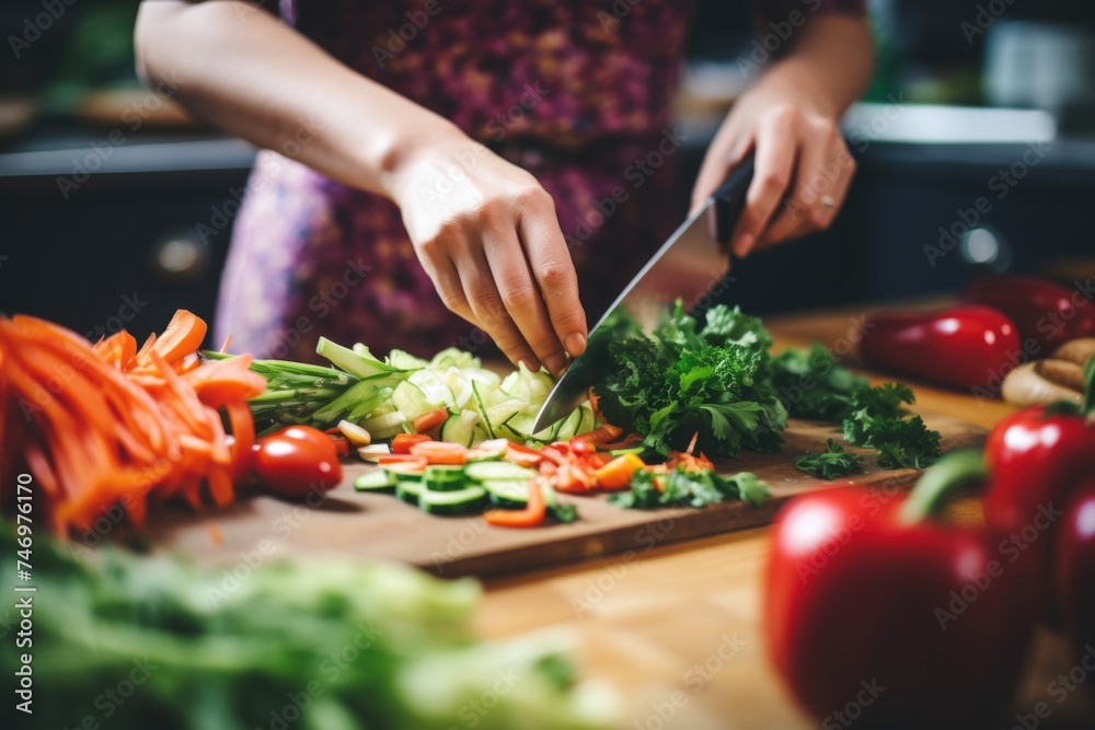 A woman slicing up vegetables on a cutting board in a kitchen