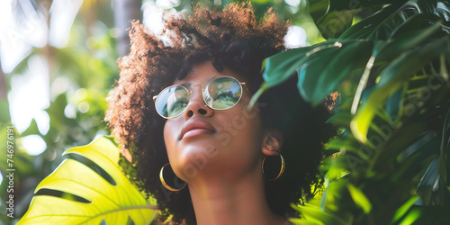 A fashionable woman with afro hair gazes upward, her sunglasses reflecting the sky, amidst a backdrop of lush foliage