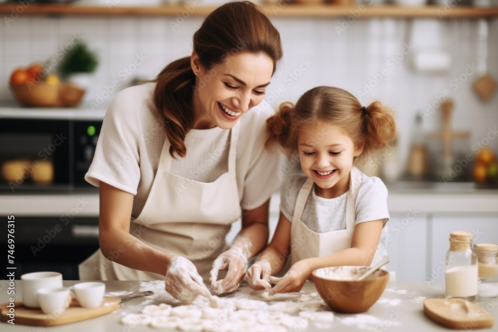 A young girl and an adult making pasta together in the kitchen, Fictional Character Created By Generated AI.