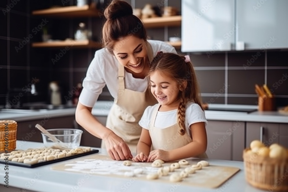 A young girl and an adult making cookies together in a kitchen, Fictional Character Created By Generated AI.