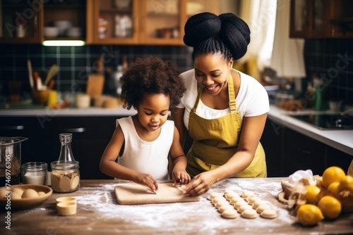 A mother and daughter cooking together in the kitchen, Fictional Character Created By Generated AI.