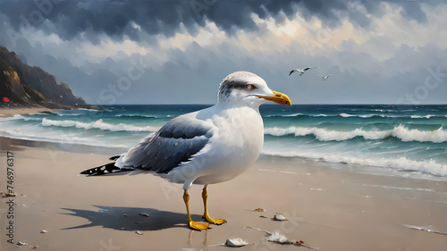 Seagull soars gracefully above the ocean waves  amidst a backdrop of endless blue sky and white sandy beaches