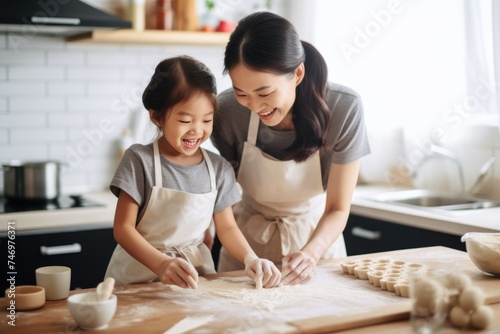 A mother and daughter cooking together in the kitchen, Fictional Character Created By Generated AI. photo