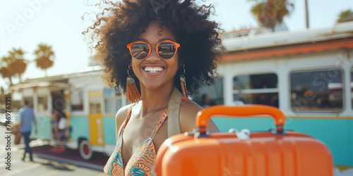A vibrant portrait of a smiling woman with curly hair and sunglasses, standing with her suitcase in a sunny travel setting photo