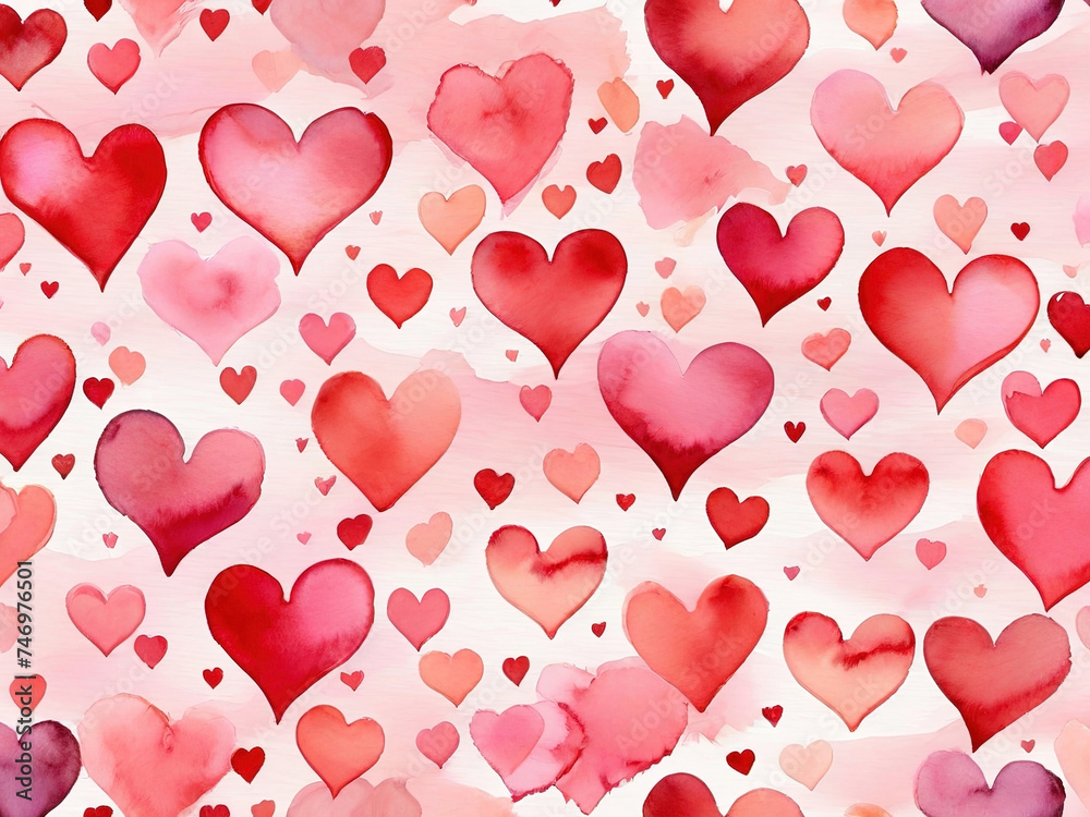 Seamless watercolor pattern with red hearts on a white background
