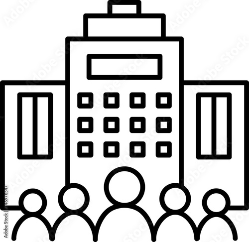 People standing in front of building icon in thin line art.
