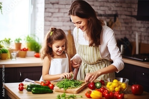 A young girl and an adult prepare vegetables together in a kitchen. Fictional Character Created By Generated By Generated AI.