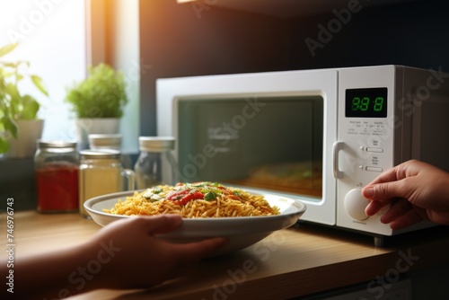 microwave cooking - person preparing noodles
