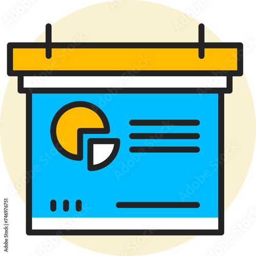 Financial pie chart graph on projection screen icon in blue and yellow color.