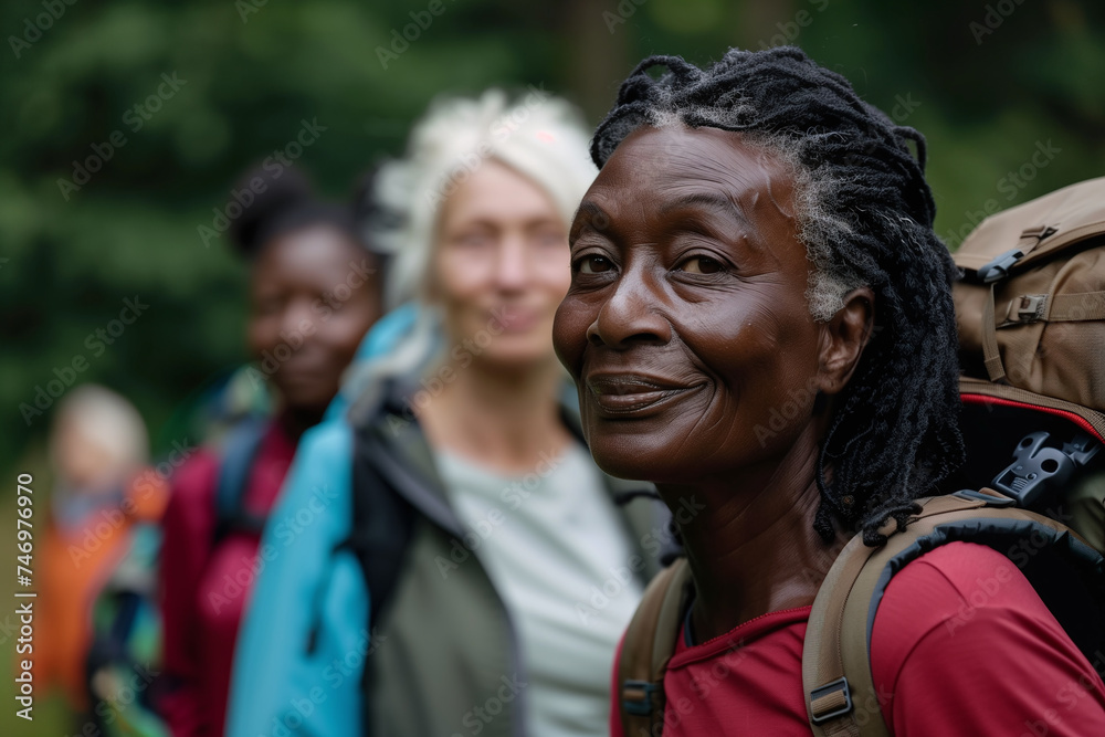 An African-American woman with a joyful expression leads a multicultural hiking group through a forested trail An African-American woman with a joyful expression leads a multicultural hiking group through a forested trail