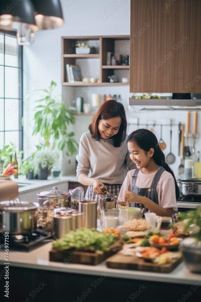A mother and daughter cooking together in a well-stocked kitchen. Fictional Character Created By Generated By Generated AI.