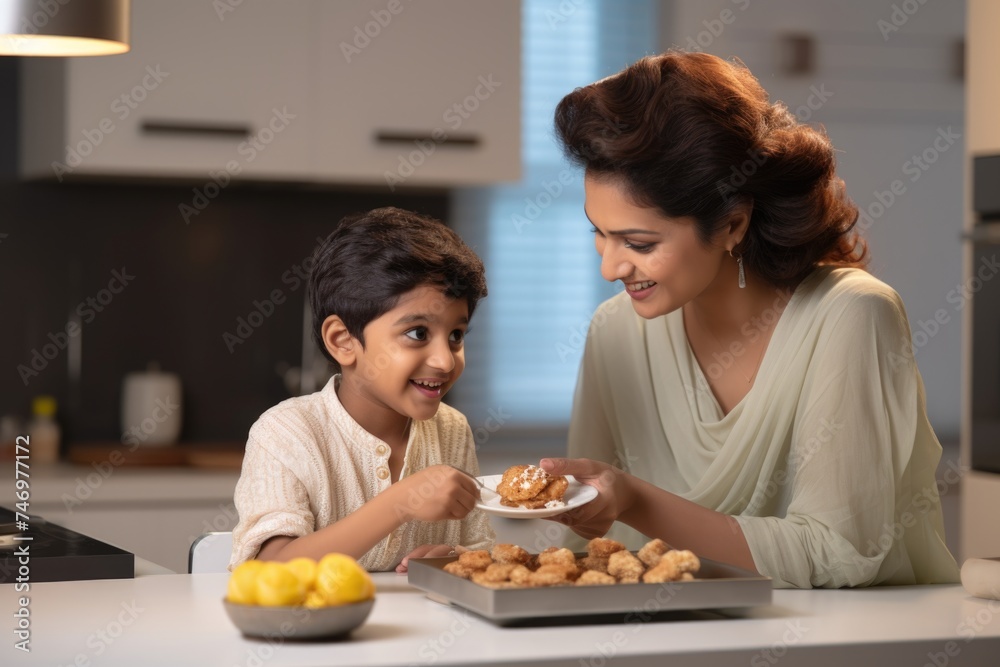 A mother and her son cooking together in the kitchen. Fictional Character Created By Generated By Generated AI.