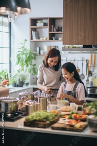 A mother and daughter cooking together in a well-stocked kitchen. Fictional Character Created By Generated By Generated AI.