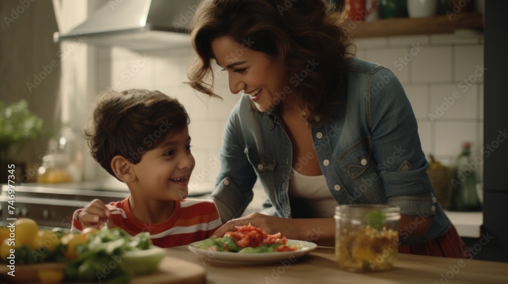 A mother teaching her young son how to prepare a fresh salad. Fictional Character Created By Generated By Generated AI.