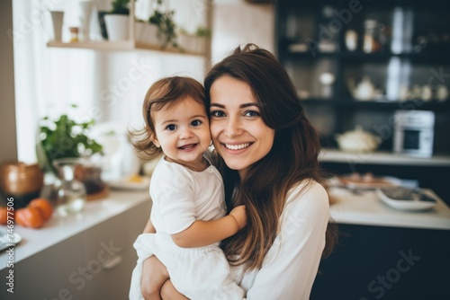 A Mother Holds Her Baby Close - Bonding Moments Captured in a Kitchen. Fictional Character Created By Generated By Generated AI.