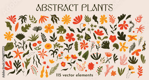 Abstract plants shapes and forms vector illustration set for design. Different types of exotic flowers and leaves decorative elements kit. Large collection of botanical doodles in cartoon, funky style photo