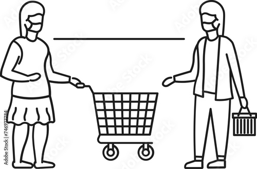 Illustration of Women shopping holding bag and cart icon in thin line art.