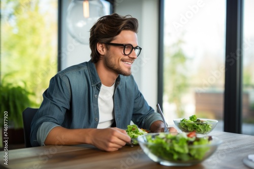 A Man Eating a Salad at a Table  Fictional Character Created By Generated AI.