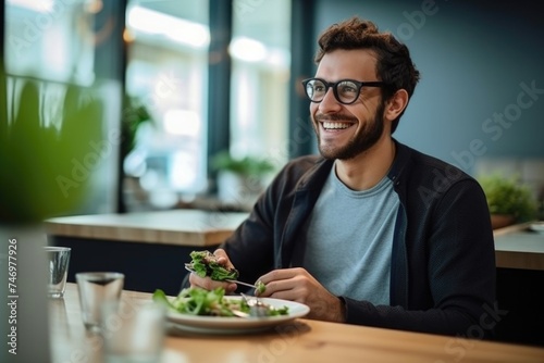 A Man Enjoying His Lunch - Eating a Salad with a Smile  Fictional Character Created By Generated AI.